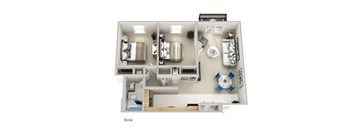 a stylized floor plan of a 1 bedroom apartment